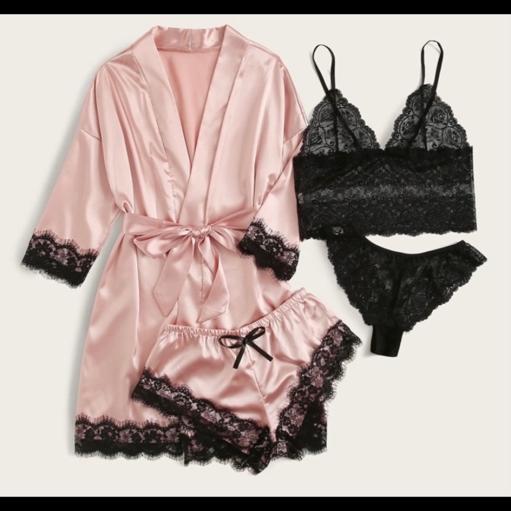 Floral Lace Lingerie Set with Satin Belted Robe